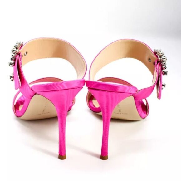 Revolve Marion Parke Lucia Fuchsia Pink Satin Rhinestone Buckle Heeled Sandals - Picture 5 of 10